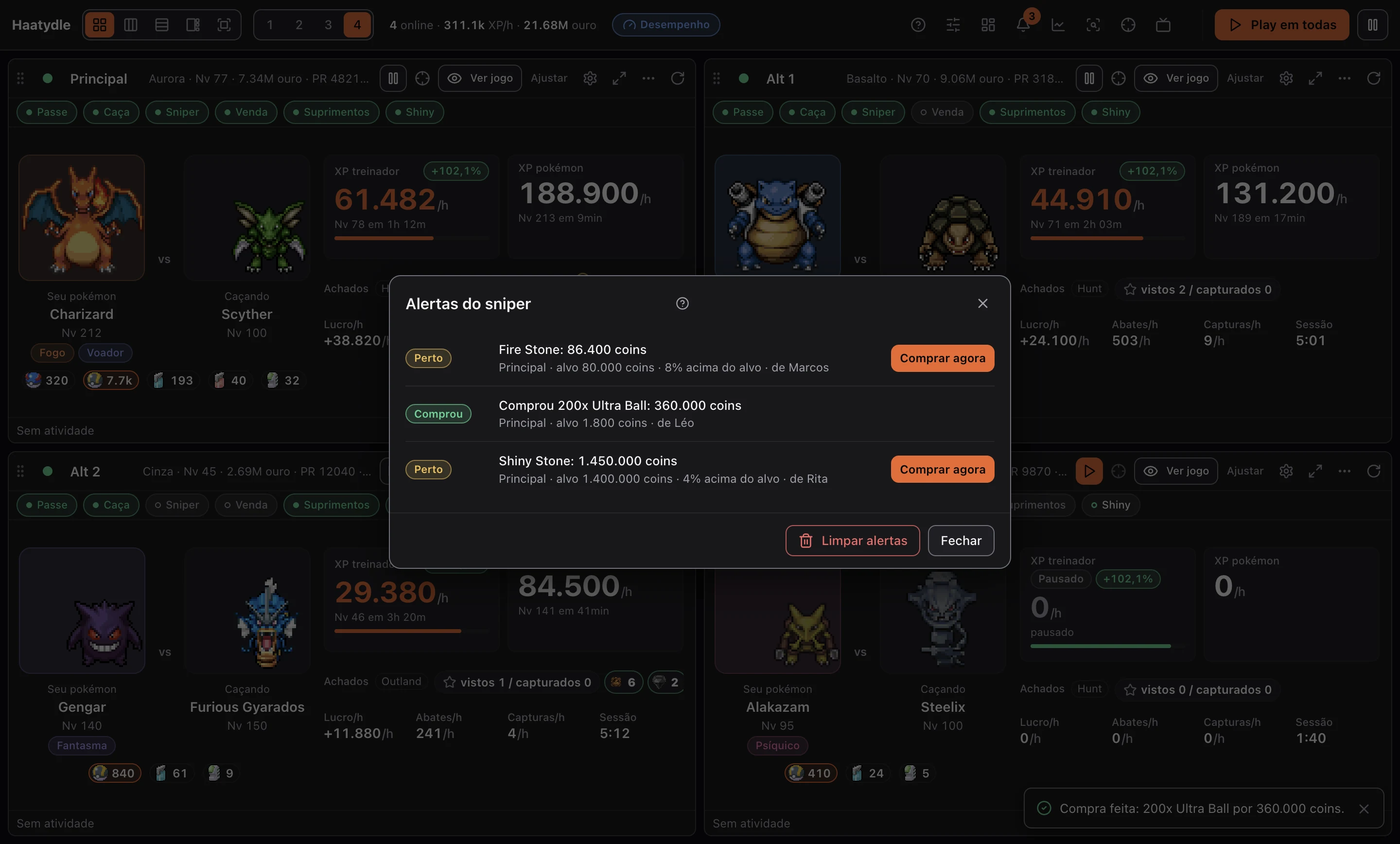 Alertas do sniper: Fire Stone perto do alvo, compra de 200 Ultra Ball concluída e Shiny Stone perto do alvo, com o botão Comprar agora.