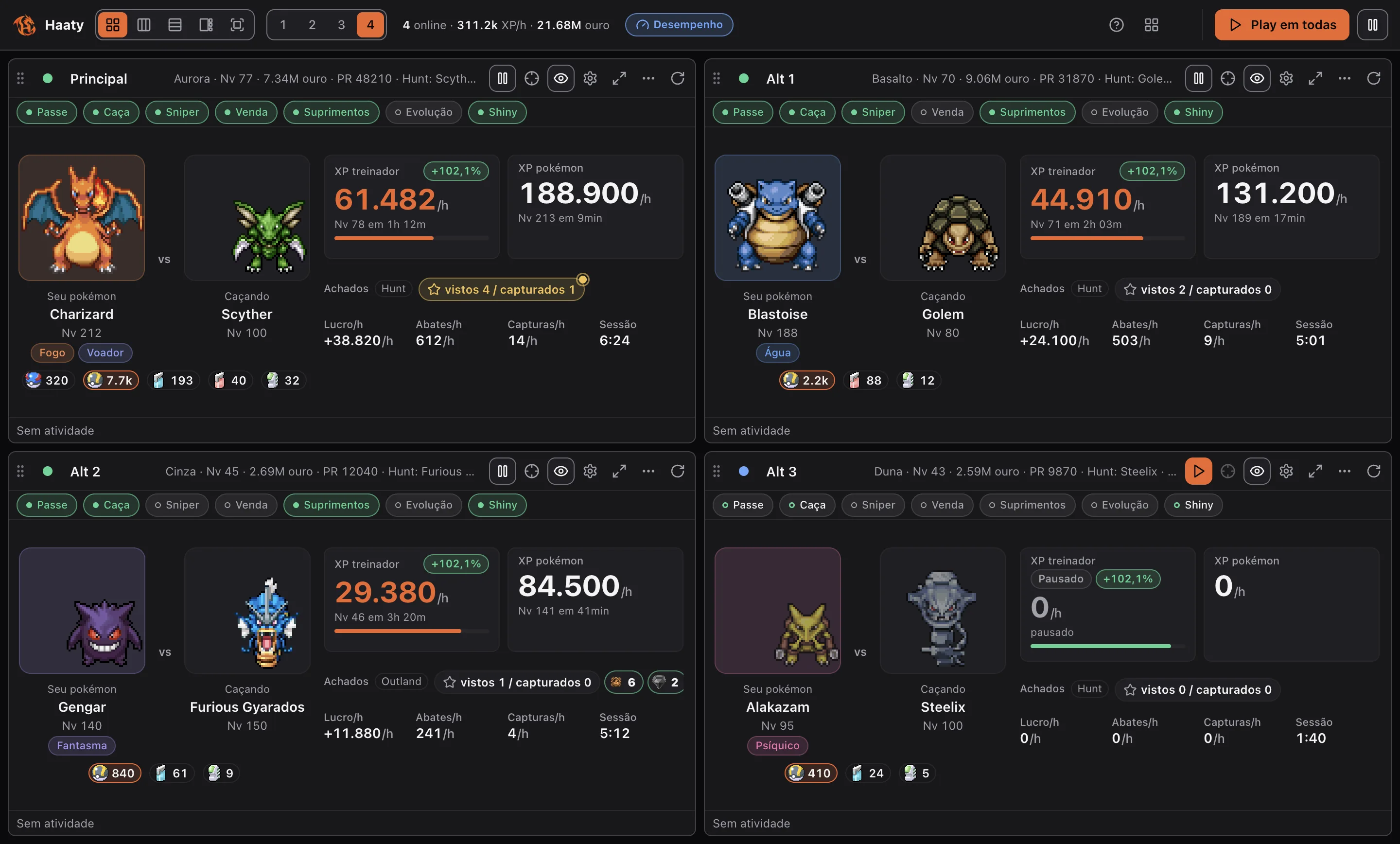Painel real do Haaty com contas do PokeIdle, XP, mochila e ações em andamento.